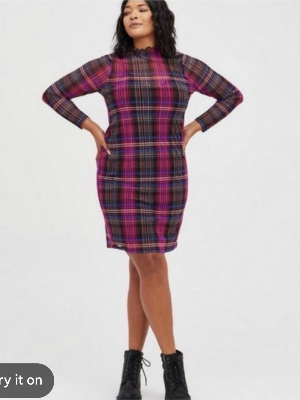 torrid Pink and Black Plaid Mock-Neck Midi Dress